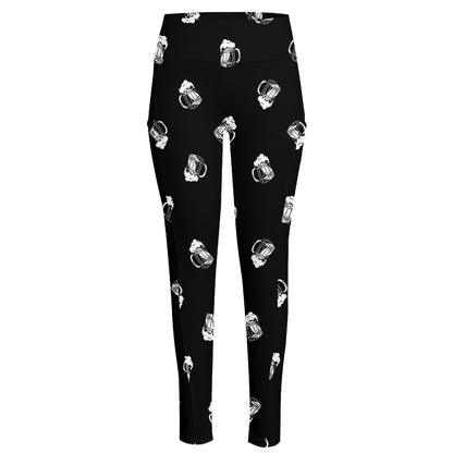 Black And White Beer Pattern Print High-Waisted Pocket Leggings
