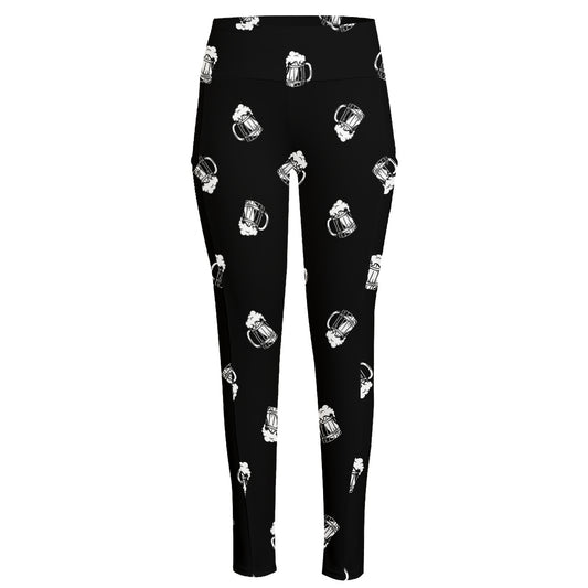 Black And White Beer Pattern Print High-Waisted Pocket Leggings