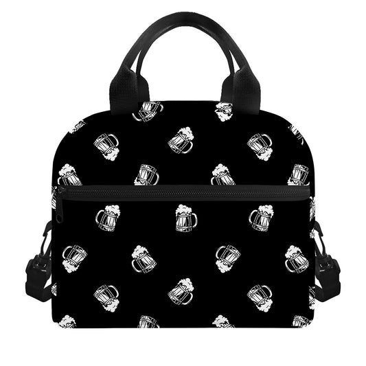 Black And White Beer Pattern Print Insulated Lunch Bag