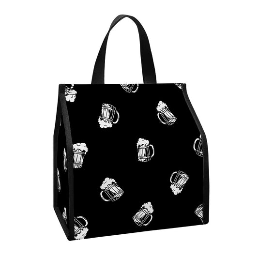Black And White Beer Pattern Print Insulated Lunch Tote