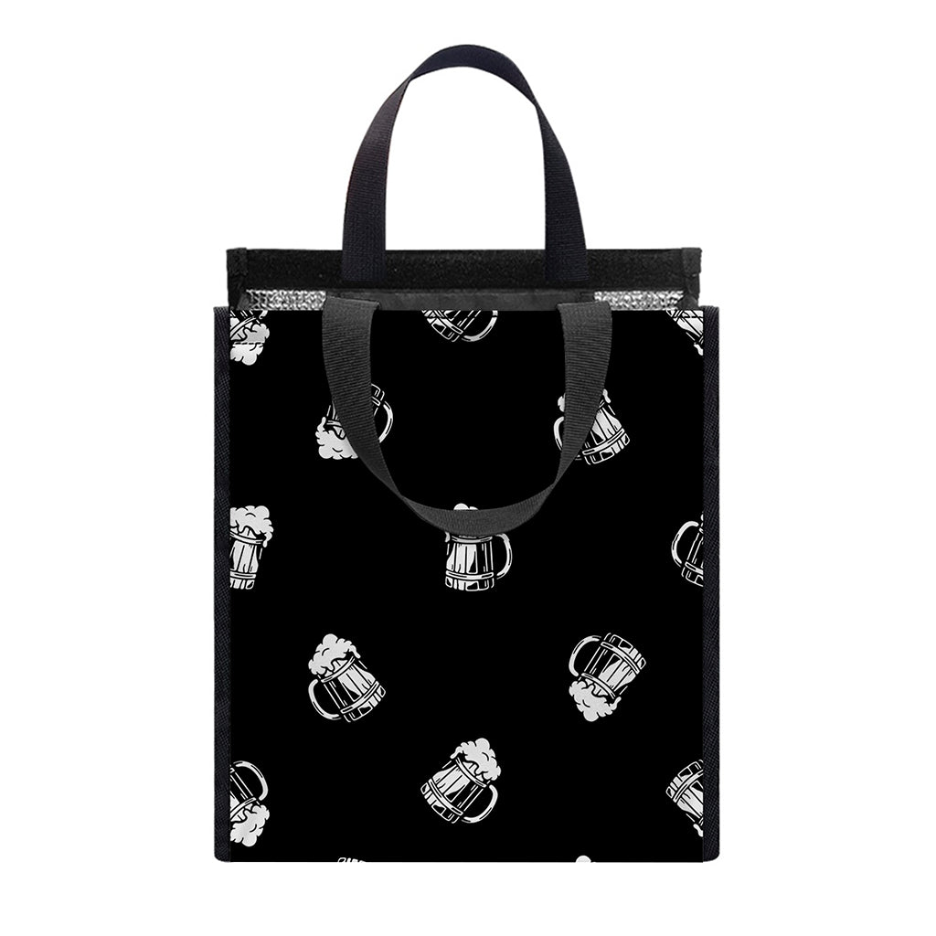 Black And White Beer Pattern Print Insulated Lunch Tote