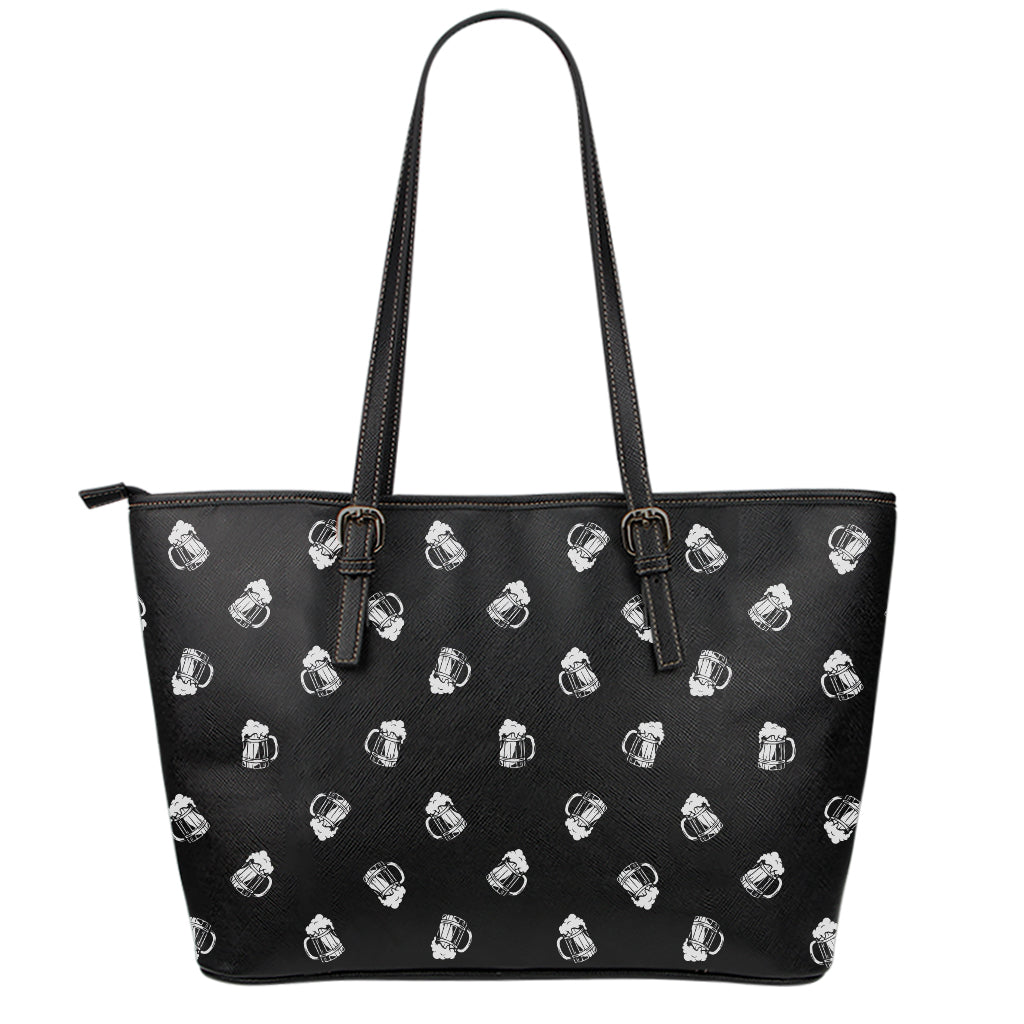 Black And White Beer Pattern Print Leather Tote Bag