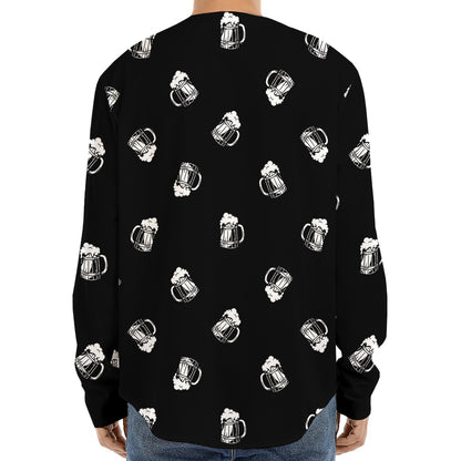 Black And White Beer Pattern Print Long Sleeve Baseball Jersey