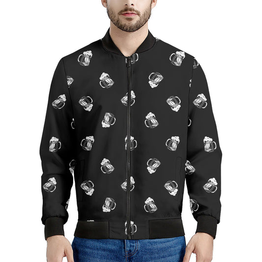 Black And White Beer Pattern Print Men's Bomber Jacket