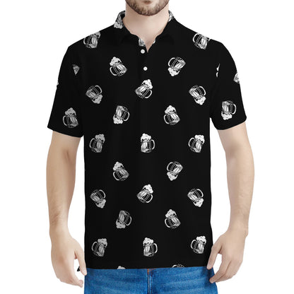 Black And White Beer Pattern Print Men's Polo Shirt