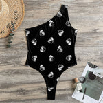 Black And White Beer Pattern Print One Shoulder Bodysuit