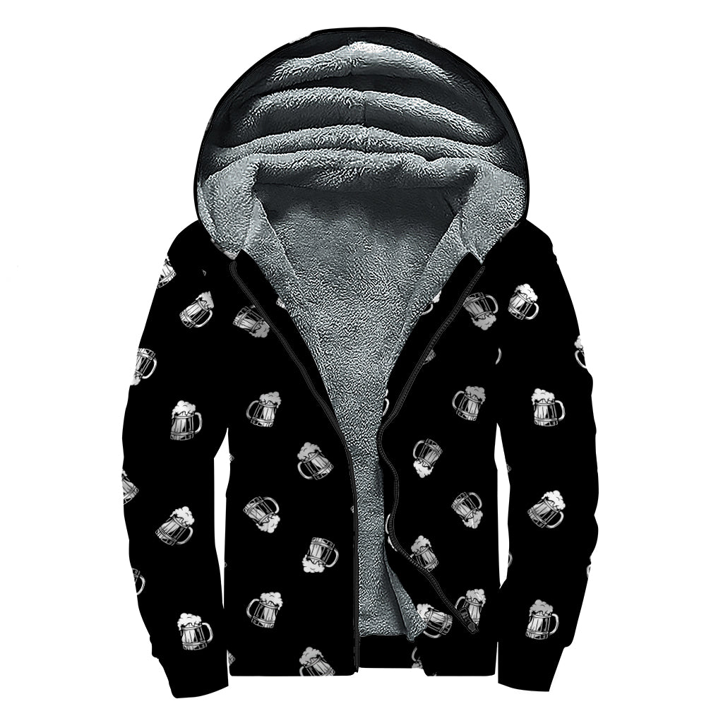 Black And White Beer Pattern Print Sherpa Lined Zip Up Hoodie