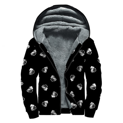Black And White Beer Pattern Print Sherpa Lined Zip Up Hoodie