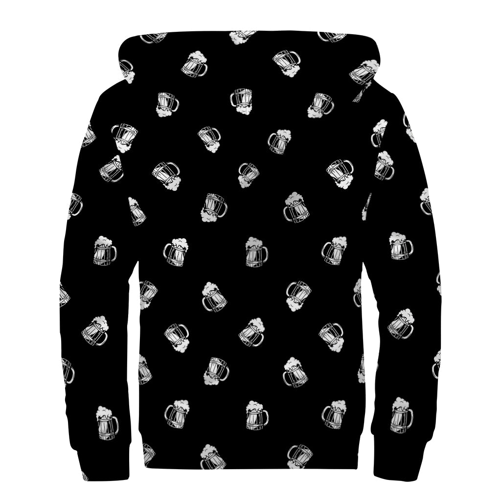 Black And White Beer Pattern Print Sherpa Lined Zip Up Hoodie