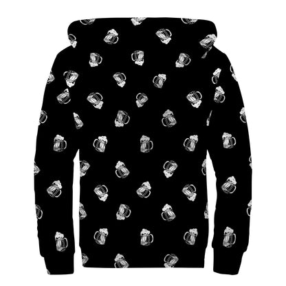 Black And White Beer Pattern Print Sherpa Lined Zip Up Hoodie