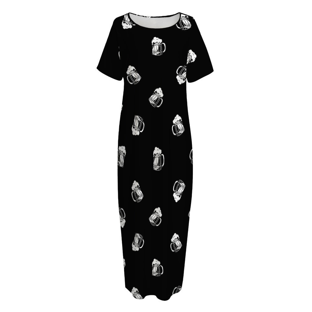 Black And White Beer Pattern Print Short Sleeve Long Nightdress