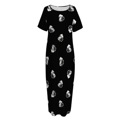 Black And White Beer Pattern Print Short Sleeve Long Nightdress