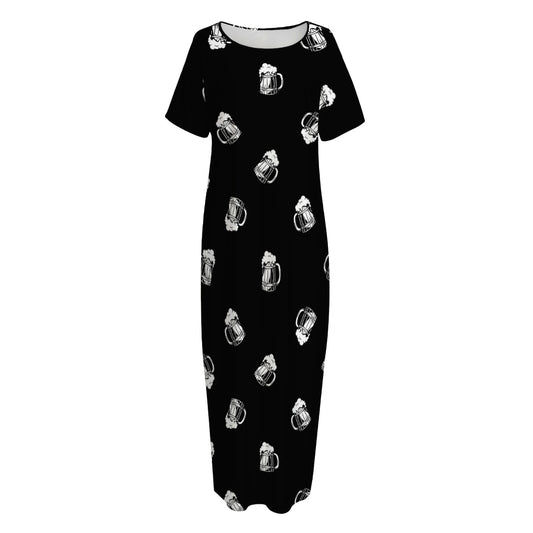 Black And White Beer Pattern Print Short Sleeve Long Nightdress