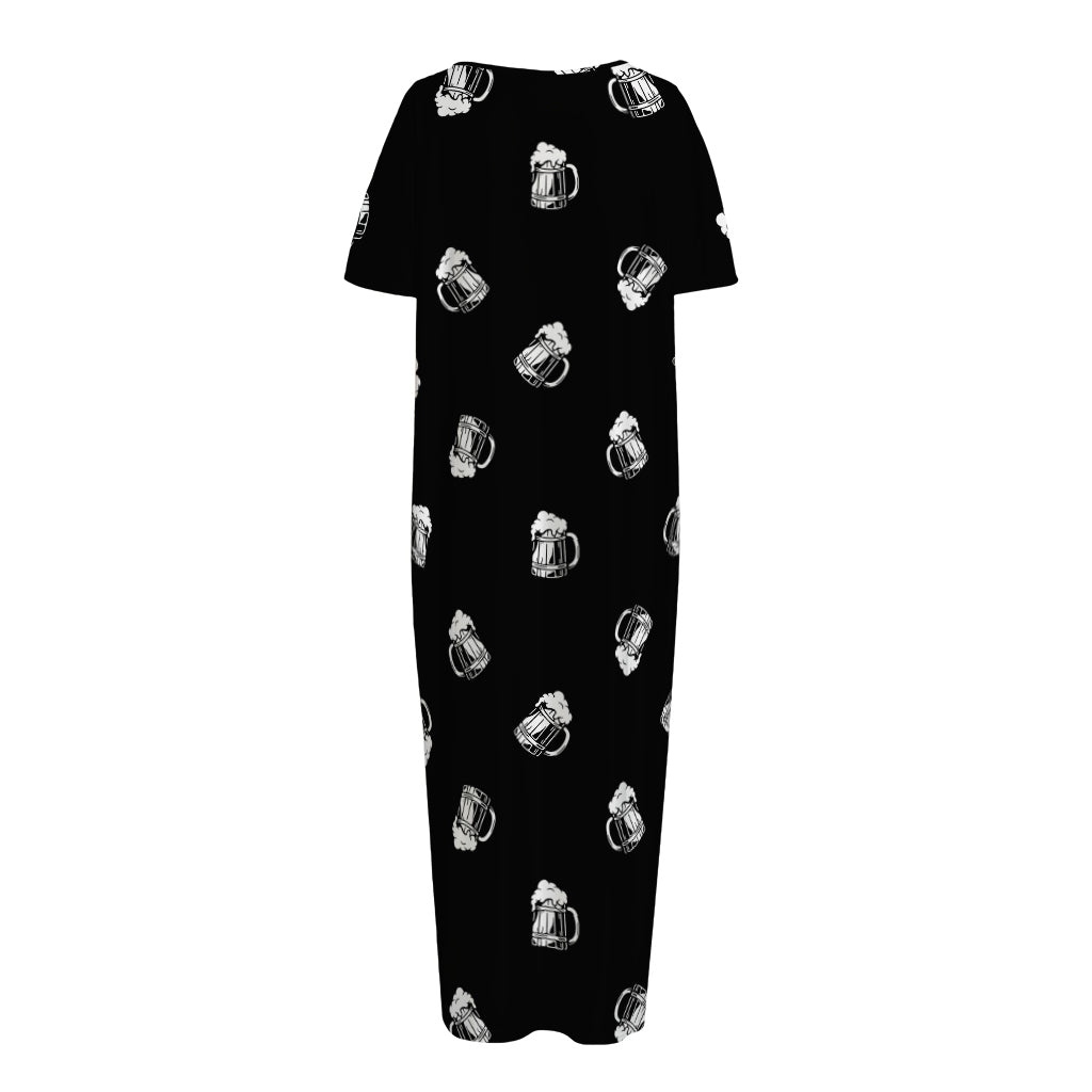 Black And White Beer Pattern Print Short Sleeve Long Nightdress
