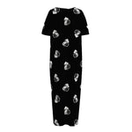 Black And White Beer Pattern Print Short Sleeve Long Nightdress