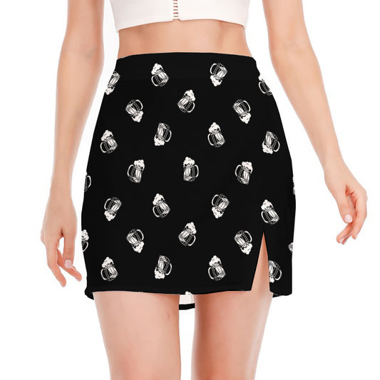 Black And White Beer Pattern Print Side Slit Mini Skirt