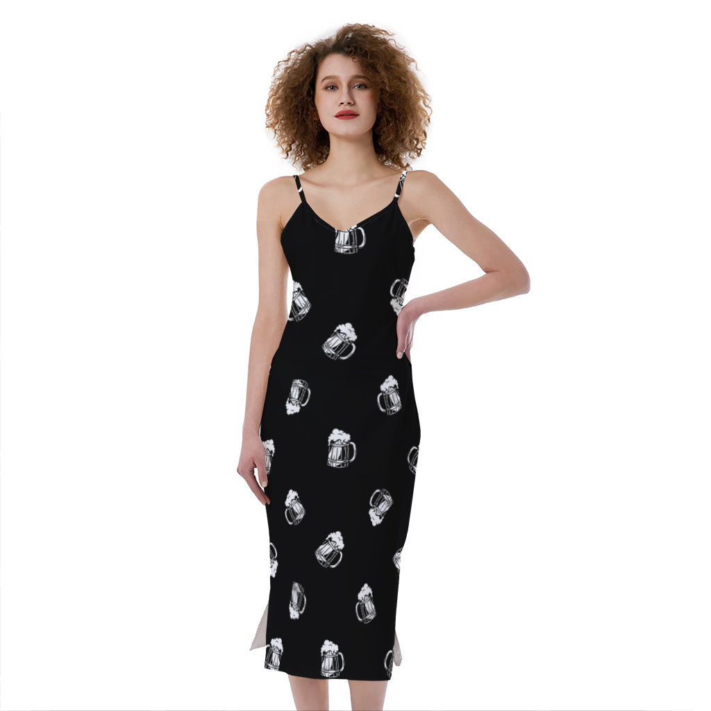 Black And White Beer Pattern Print Slim Fit Midi Cami Dress