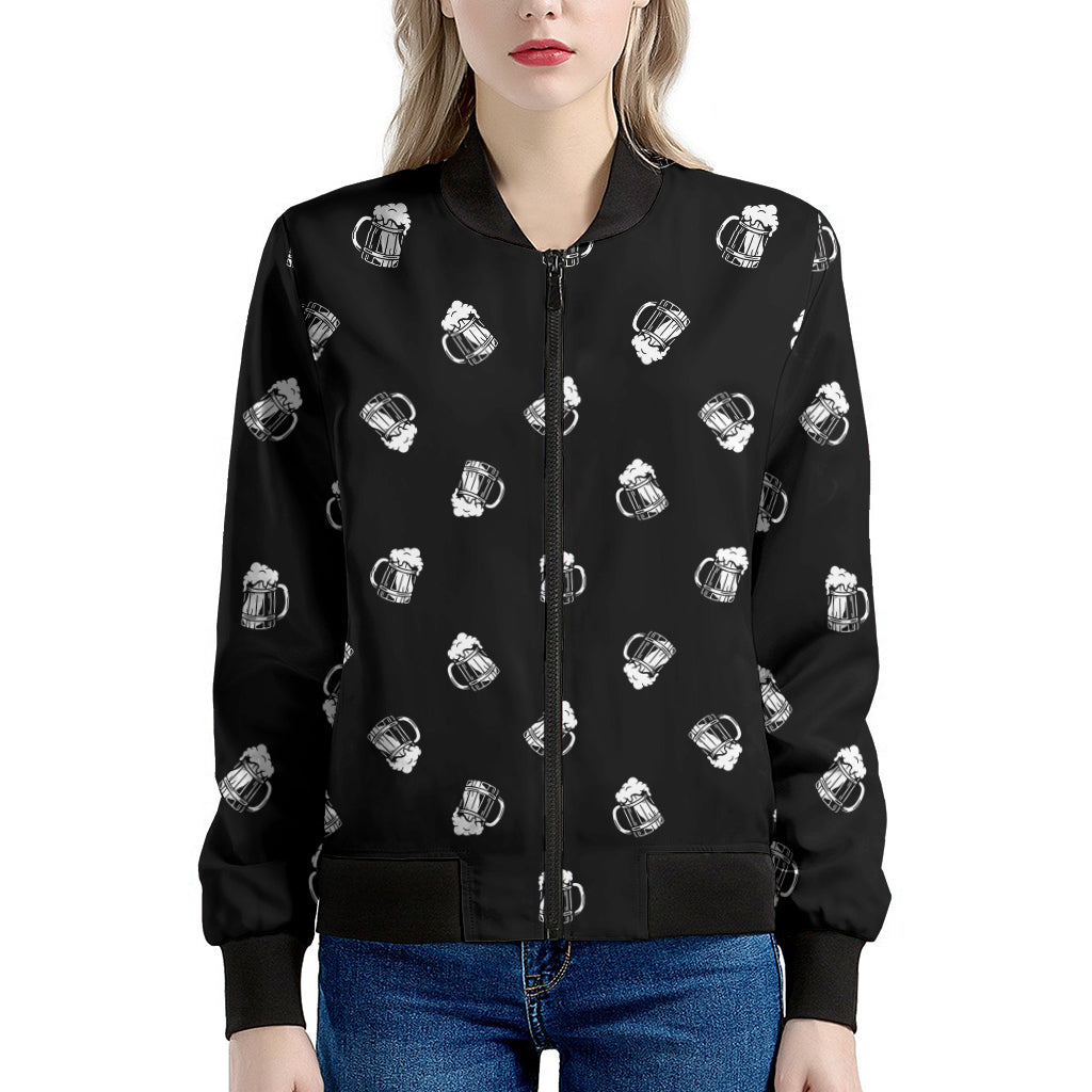Black And White Beer Pattern Print Women's Bomber Jacket