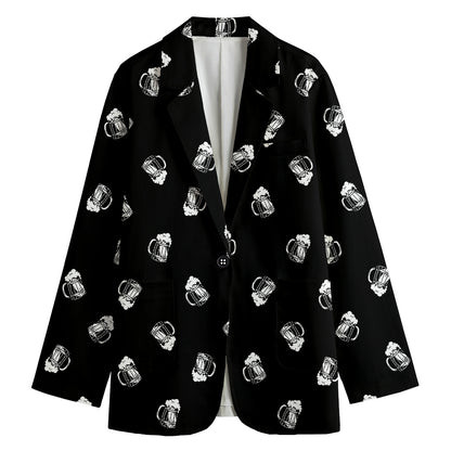 Black And White Beer Pattern Print Women's Cotton Blazer