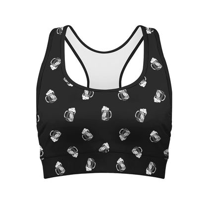 Black And White Beer Pattern Print Women's Sports Bra