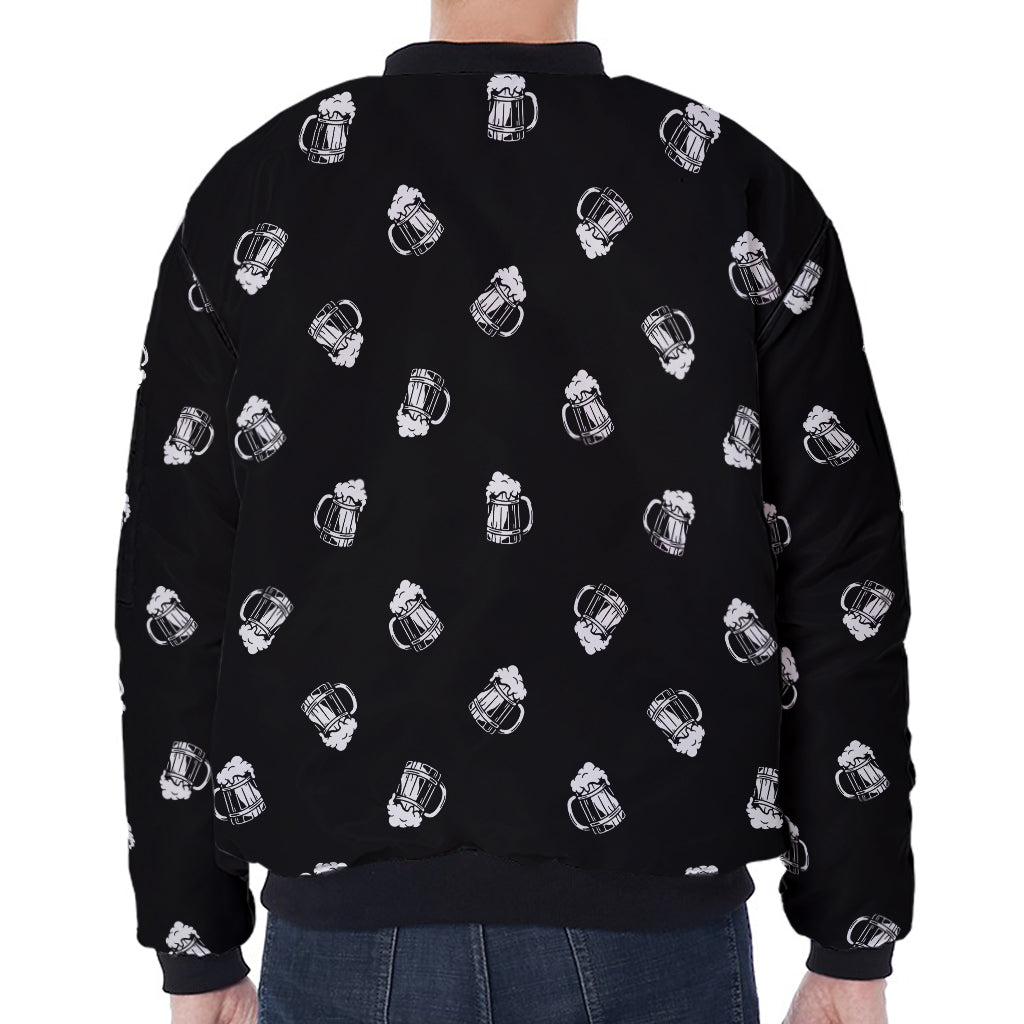 Black And White Beer Pattern Print Zip Sleeve Bomber Jacket