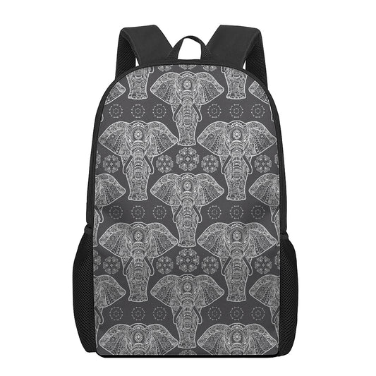Black And White Boho Elephant Print 17 Inch Backpack