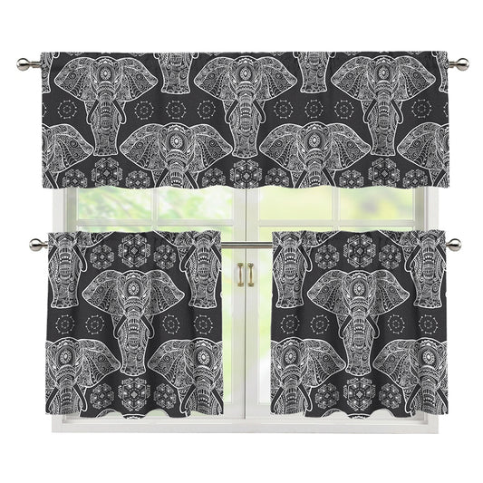 Black And White Boho Elephant Print 3 Piece Kitchen Curtains