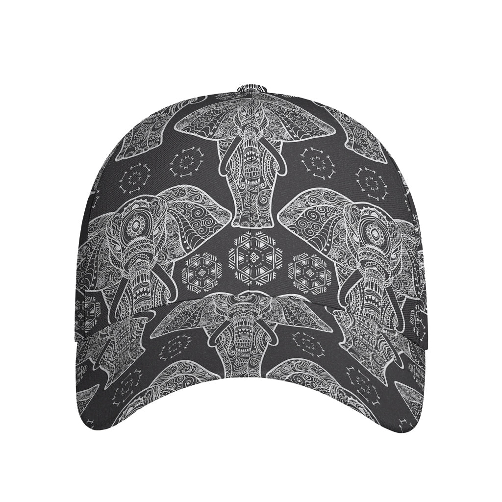 Black And White Boho Elephant Print Baseball Cap