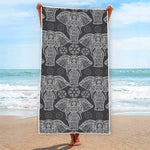 Black And White Boho Elephant Print Beach Towel