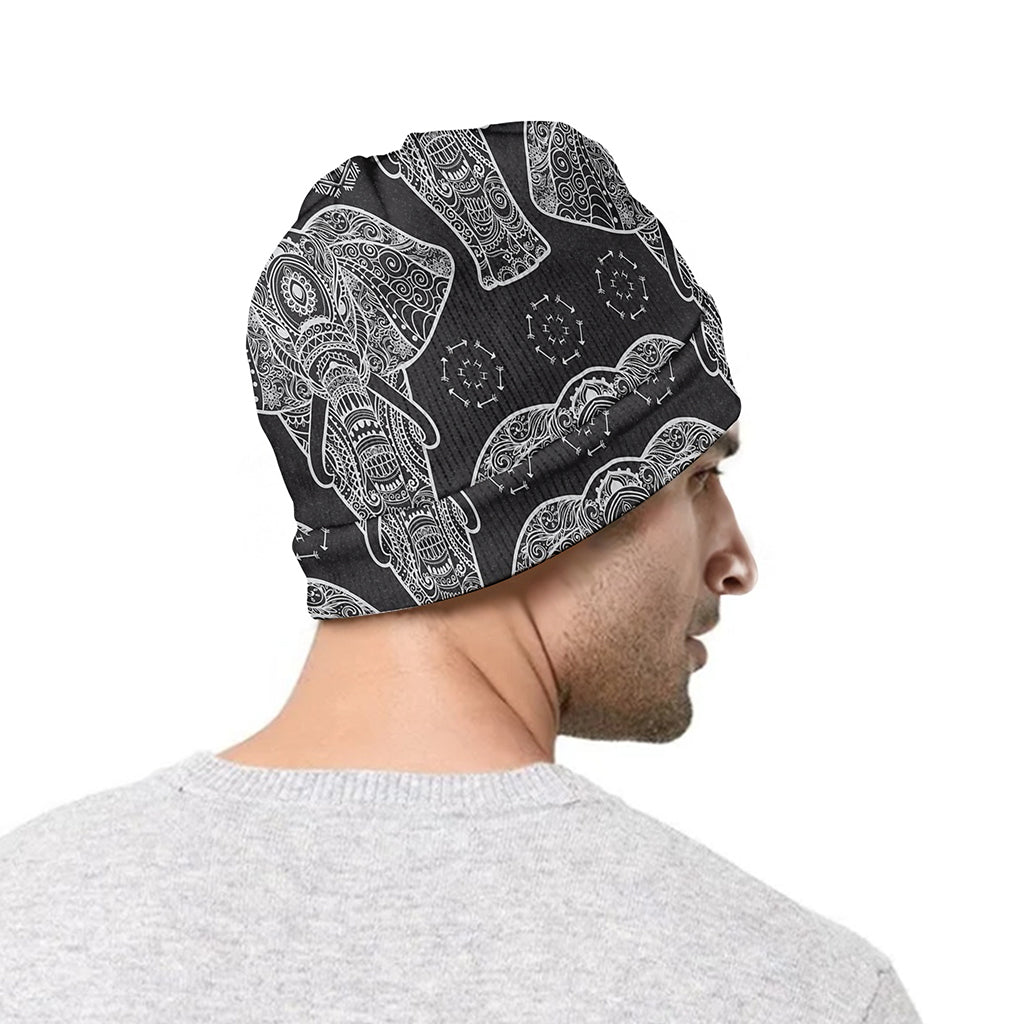 Black And White Boho Elephant Print Beanie