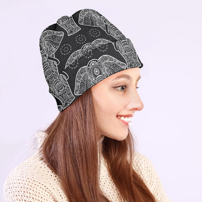 Black And White Boho Elephant Print Beanie