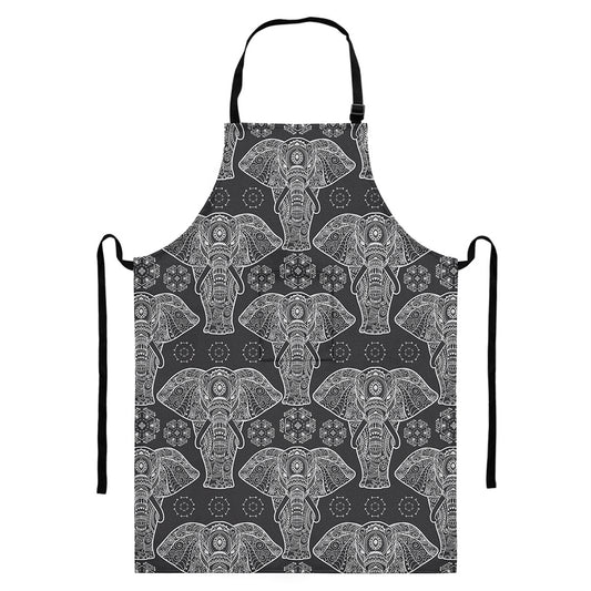 Black And White Boho Elephant Print Bib Apron With Pocket