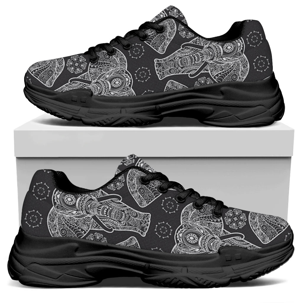Black And White Boho Elephant Print Black Chunky Shoes