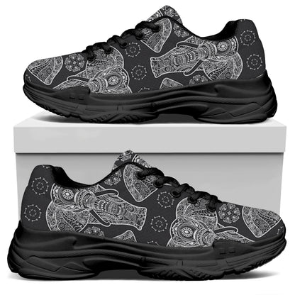 Black And White Boho Elephant Print Black Chunky Shoes
