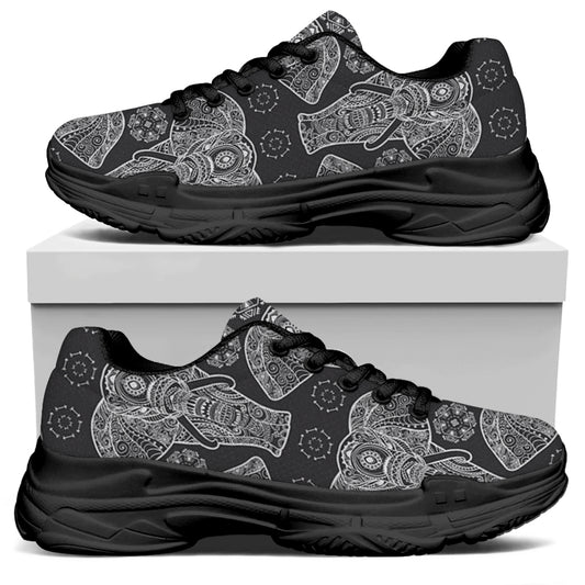 Black And White Boho Elephant Print Black Chunky Shoes