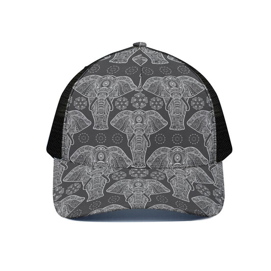 Black And White Boho Elephant Print Black Mesh Trucker Cap