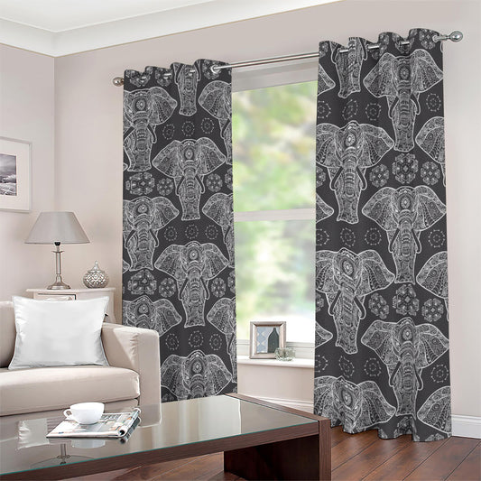 Black And White Boho Elephant Print Blackout Grommet Curtains