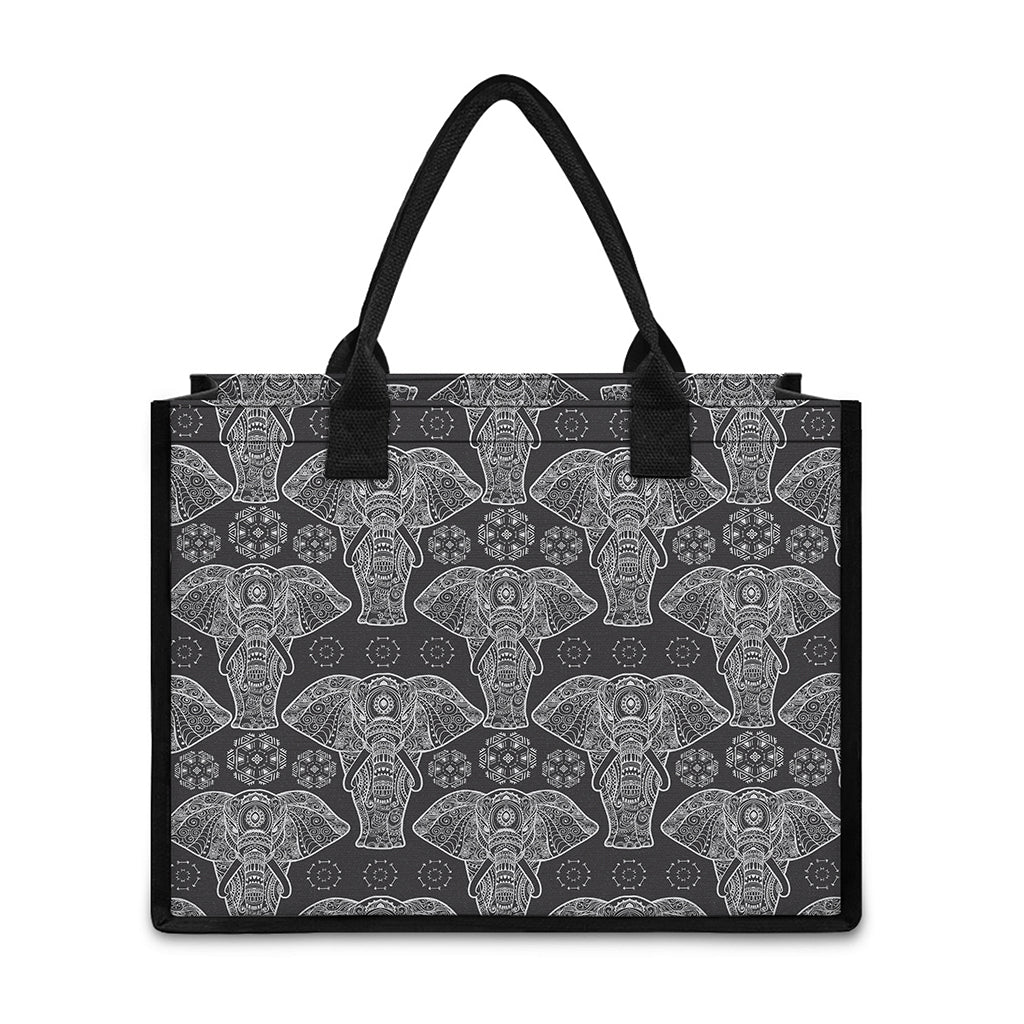 Black And White Boho Elephant Print Canvas Tote Bag