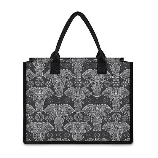 Black And White Boho Elephant Print Canvas Tote Bag
