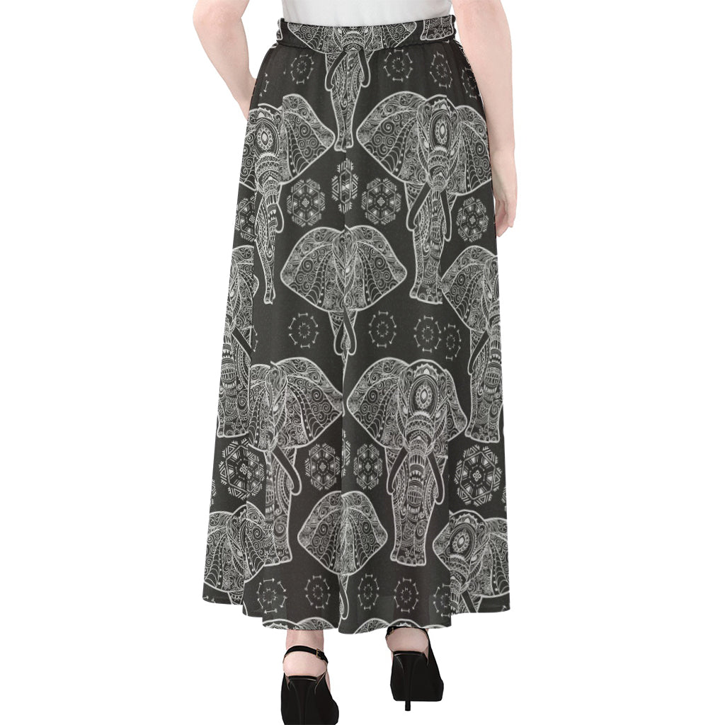 Black And White Boho Elephant Print Chiffon Maxi Skirt