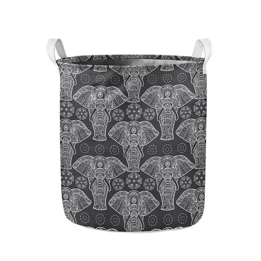 Black And White Boho Elephant Print Collapsible Laundry Basket