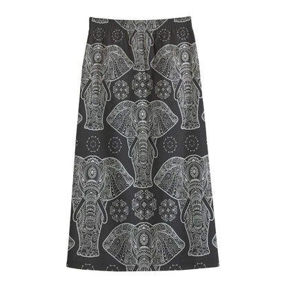 Black And White Boho Elephant Print Cotton Front Slit Maxi Skirt
