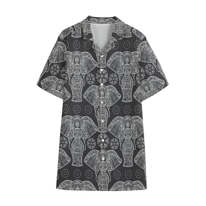 Black And White Boho Elephant Print Cotton Hawaiian Shirt
