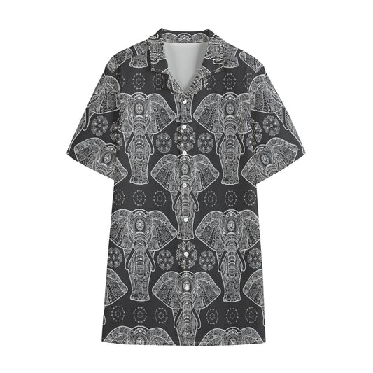 Black And White Boho Elephant Print Cotton Hawaiian Shirt