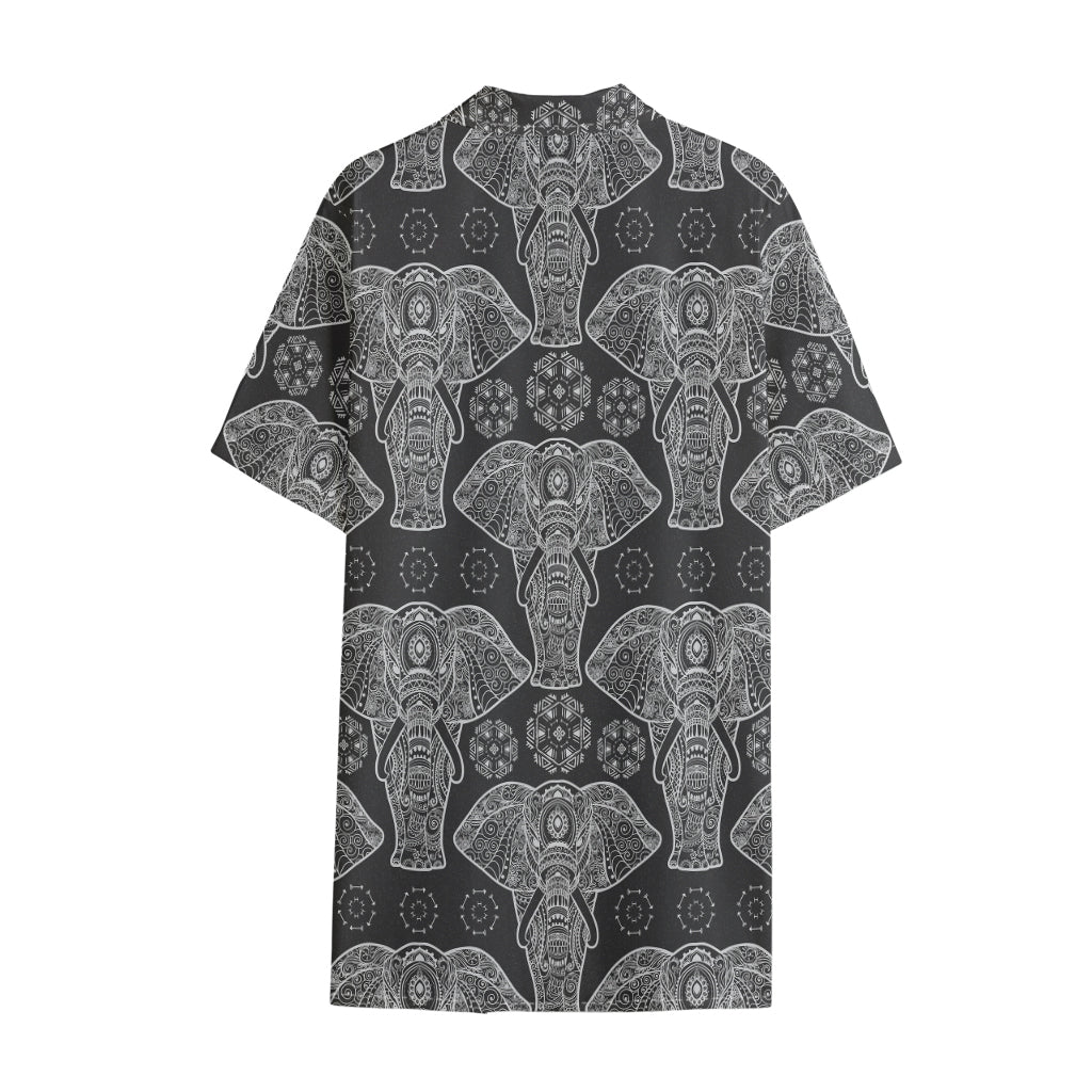 Black And White Boho Elephant Print Cotton Hawaiian Shirt