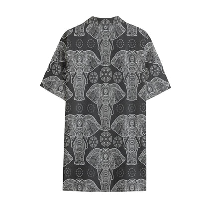 Black And White Boho Elephant Print Cotton Hawaiian Shirt