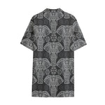 Black And White Boho Elephant Print Cotton Hawaiian Shirt