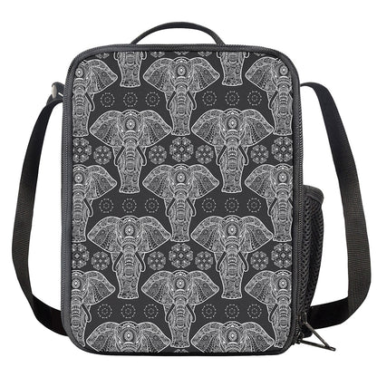 Black And White Boho Elephant Print Crossbody Lunch Bag