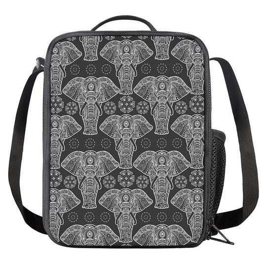Black And White Boho Elephant Print Crossbody Lunch Bag