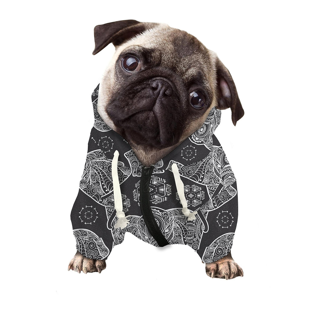 Black And White Boho Elephant Print Dog Zip Up Hoodie